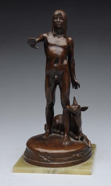 C. WOLLEK BRONZE NUDE WITH A LAMB.                