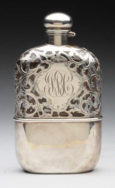 SILVER OVERLAY & GLASS FLASK.                     