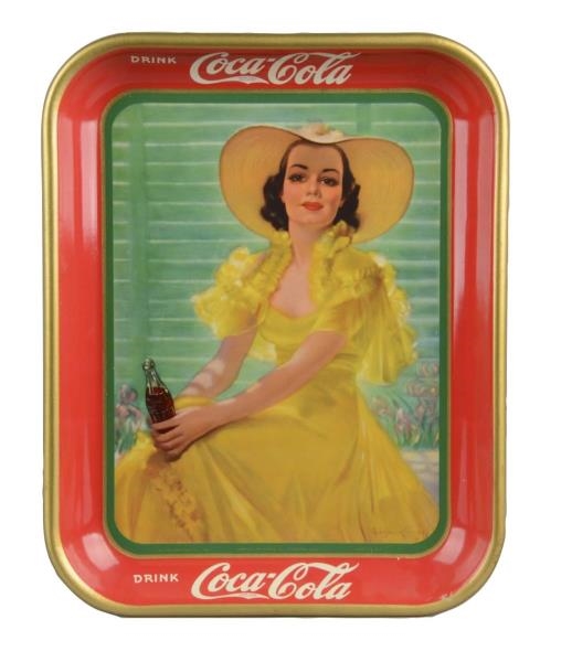COCA COLA GIRL IN YELLOW HAT TIN SERVING TRAY     