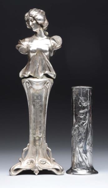 LOT OF 2: SILVER LADY FIGURE THERMOMETER, VASE.   
