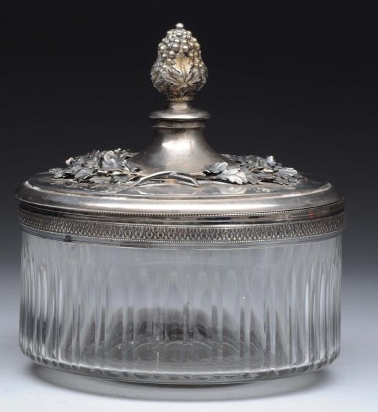 SILVER AND GLASS COVERED JAR.                     