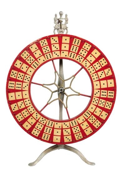 **WOODEN DOUBLE-SIDED GAMING WHEEL ON STAND       