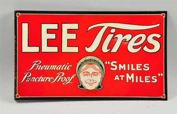 LEE TIRES "SMILES AT MILES" TIN FLANGE SIGN.      