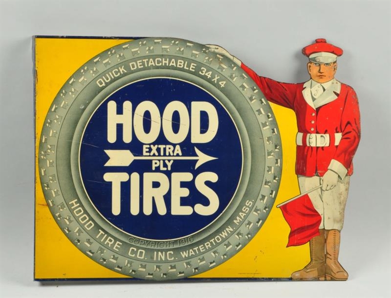 HOOD EXTRA PLY TIRES DIECUT TIN FLANGE SIGN.      