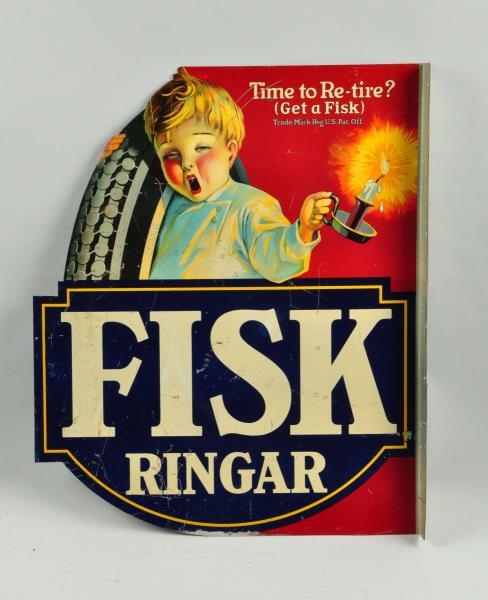 FISK RINGAR "TIME TO RE-TIRE" TIN FLANGE SIGN.    