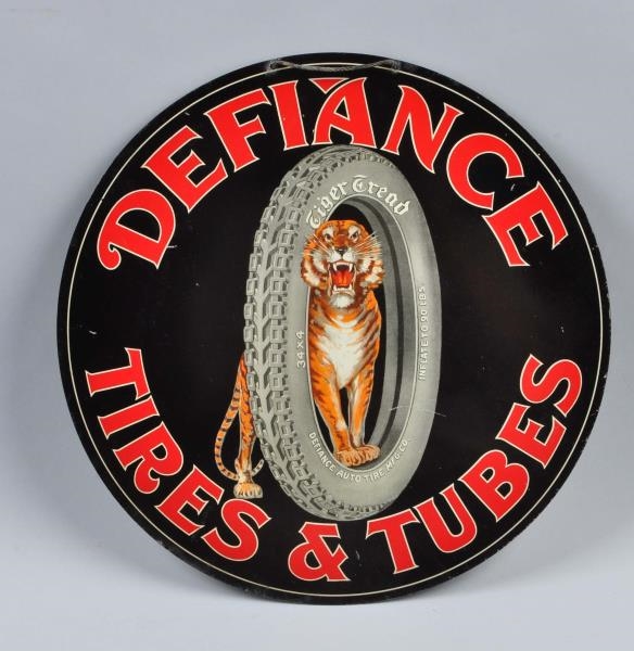 DEFIANCE TIRES & TUBES SINGLE-SIDED TIN SIGN.     