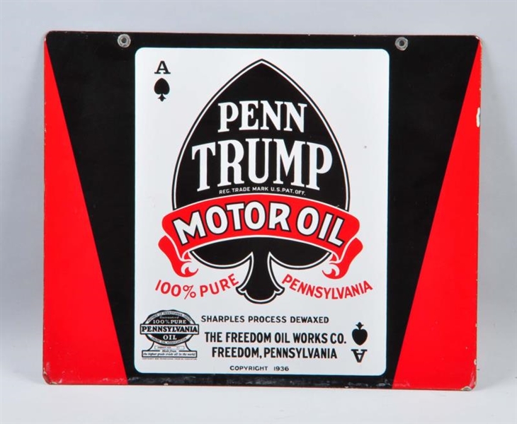 PENN TRUMP MOTOR OIL DOUBLE-SIDED PORCELAIN SIGN. 