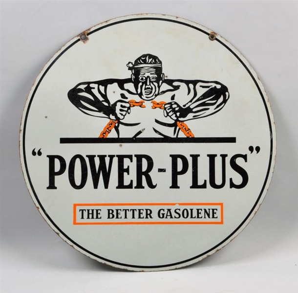 POWER-PLUS DOUBLE SIDED PORCELAIN SIGN.           