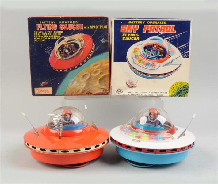 LOT OF 2: JAPANESE TIN LITHO FLYING SAUCERS TOYS. 