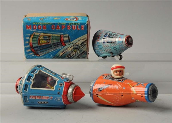 LOT OF 3: JAPANESE TIN LITHO SPACE CAPSULE TOYS.  