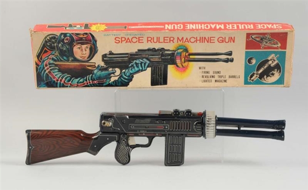JAPANESE TIN LITHO SPACE RULER MACHINE GUN IN BOX 