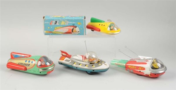 LOT OF 4: TIN LITHO AND PLASTIC SPACE VEHICLES.   