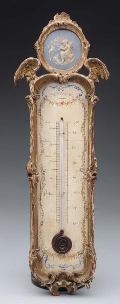 18TH CENTURY FRENCH CARVED WOOD THERMOMETER.      