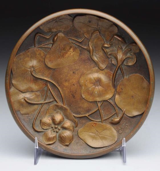 ART NOUVEAU BRONZE PLATE WITH LILY PADS.          