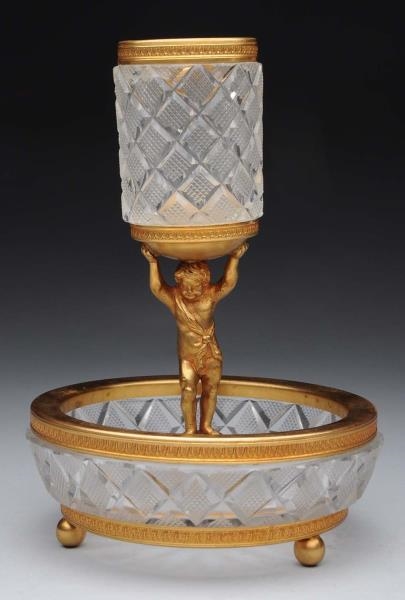 FRENCH CUT CRYSTAL & BRONZE TOOTHPICK HOLDER.     