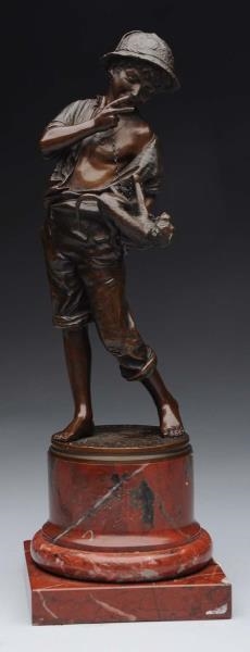 FRENCH BRONZE BOY WITH MONKEY SCULPTURE.          