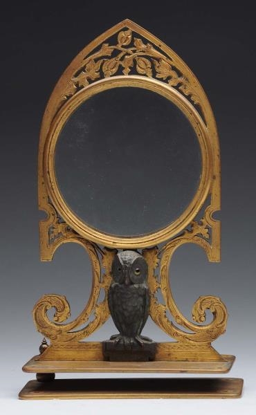 BRONZE DISPLAY WITH GLASS & OWL.                  