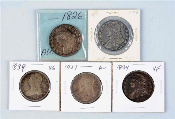 LOT OF 5: CAPPED BUST HALF DOLLARS.               