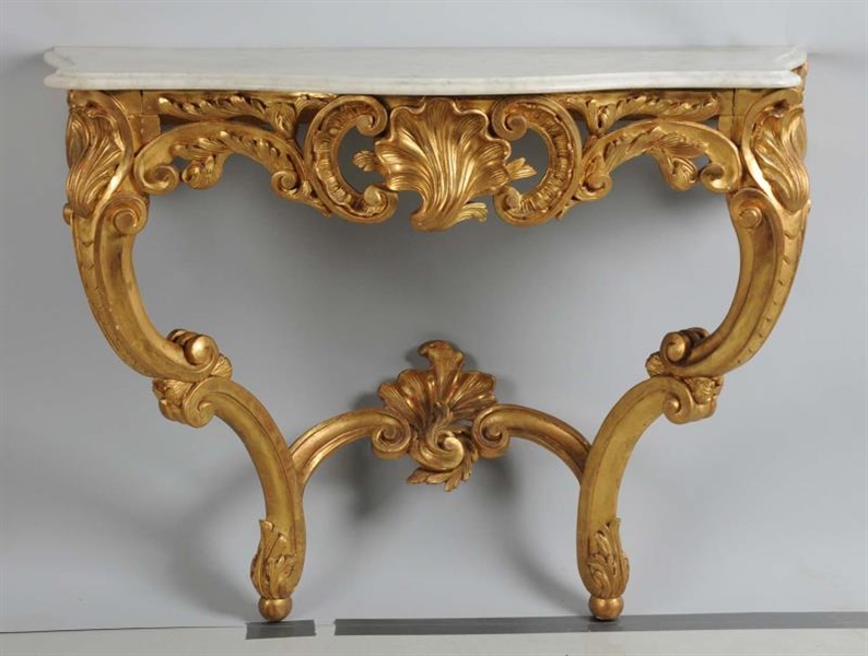 FRENCH CARVED GILT MARBLE TOP CONSOLE.            