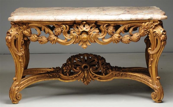 FRENCH CARVED GILT CENTER TABLE WITH MARBLE TOP.  