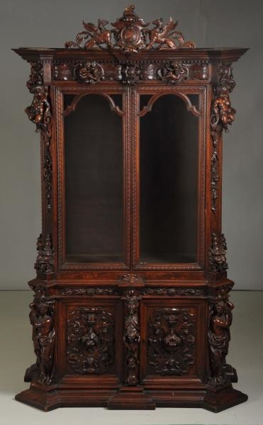 LARGE GLASS CABINET WITH CHERUBS.                 