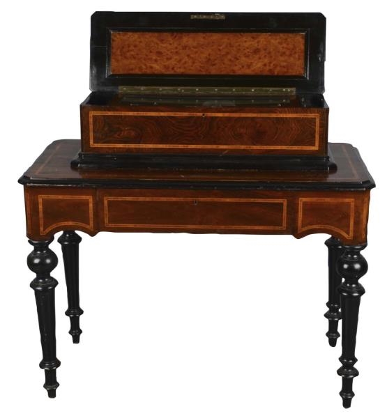 INLAID BURLED WOOD MUSIC BOX AND TABLE            