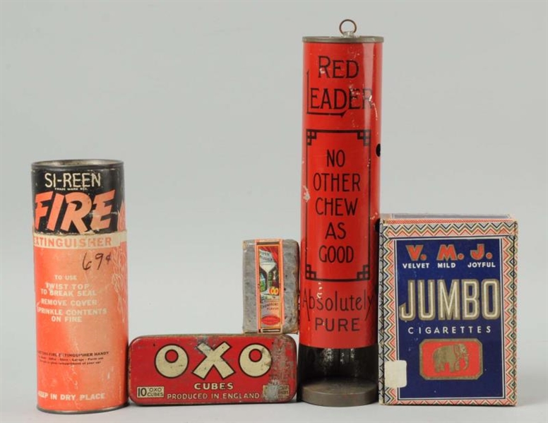 LOT OF 5: TOBACCO PRODUCTS & EXTINGUISHER.        