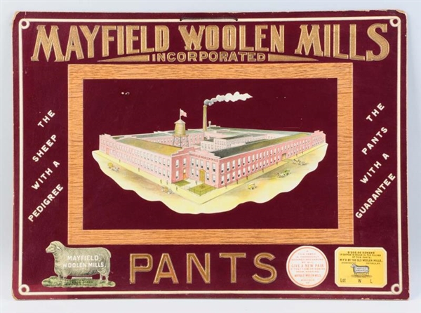 EARLY EMBOSSED CARDBOARD MAYFIELD MILLS PANTS SIGN