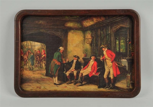 WOODEN SERVING TRAY WITH COLONIAL HUNTING SCENE.  