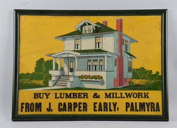 EMBOSSED TIN LUMBER AND MILLWORK SIGN.            