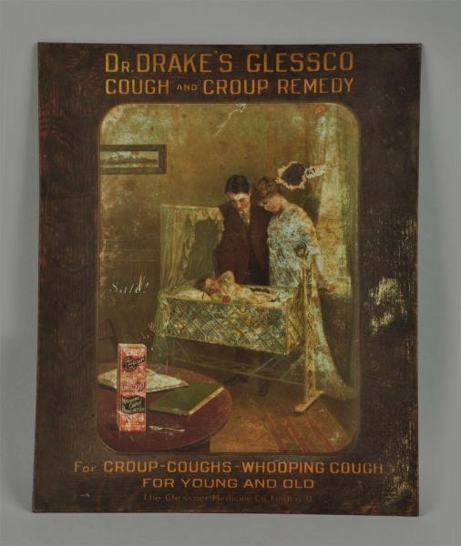 DR. DRAKES COUGH REMEDY TIN OVER CARDBOARD SIGN. 