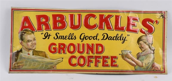 EMBOSSED TIN ARBUCKLES COFFEE ADVERTISING SIGN.  