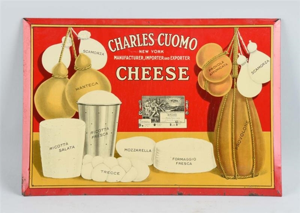 CHARLES CUOMO CHEESE TIN OVER CARDBOARD SIGN.     