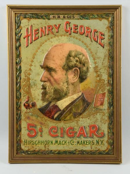 HENRY GEORGE CIGAR TIN ADVERTISING SIGN.          