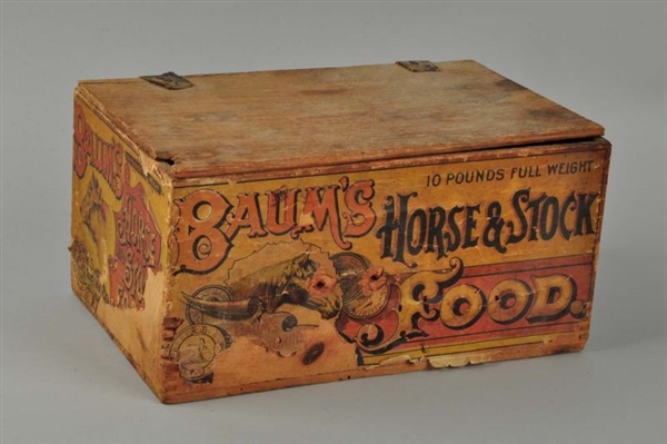 BAUMS HORSE & STOCK FOOD WOODEN BOX.             