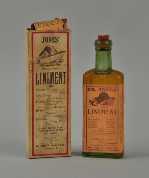 JONES LINIMENT MEDICINE BOTTLE WITH BOX.         