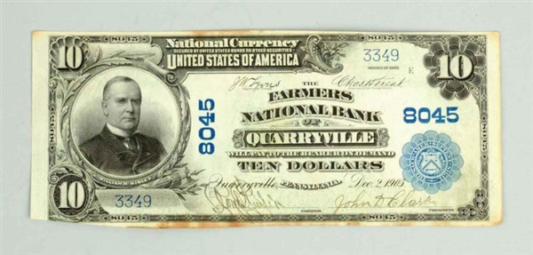 1902 $10 QUARRYVILLE PA NOTE.                     