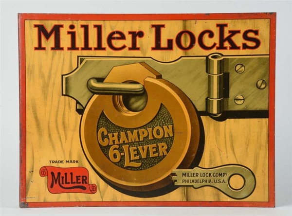 MILLER LOCKS ADVERTISING TIN FLANGE SIGN.         