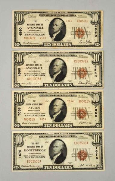 LOT OF 4: SMALL $10 1929 NOTES.                   