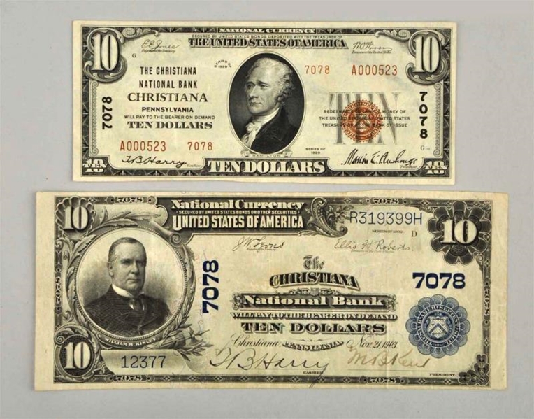 LOT OF 2: 1929 $10 CHRISTIANA PA.                 