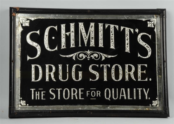SCHMITTS DRUG STORE REVERSE GLASS SIGN.          