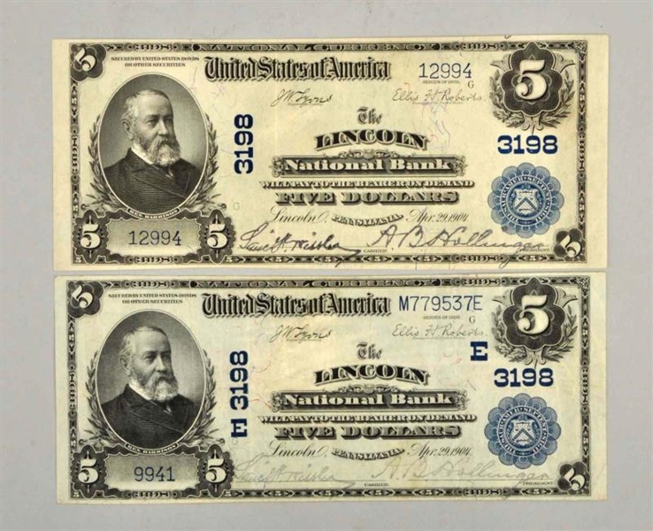 LOT OF 2: $5 1902 LINCOLN PA NOTE.                