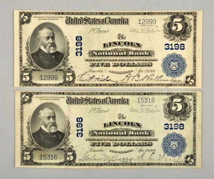 LOT OF 2: $5 1902 LINCOLN PA NOTES.               
