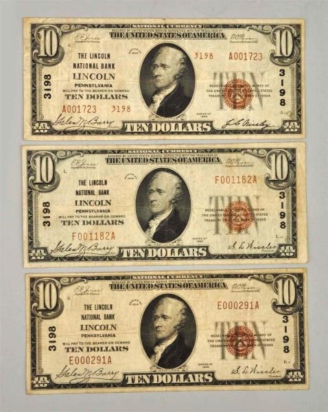 LOT OF 3: $10 1929 LINCOLN PA NOTES.              