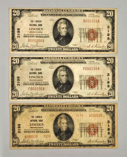 LOT OF 3: $20 1929 LINCOLN PA NOTES.              
