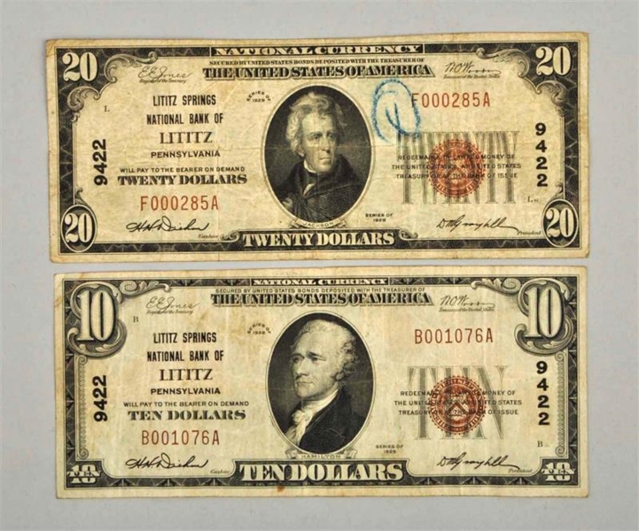 LOT OF 2: 1929 NOTES LITITZ PA.                   