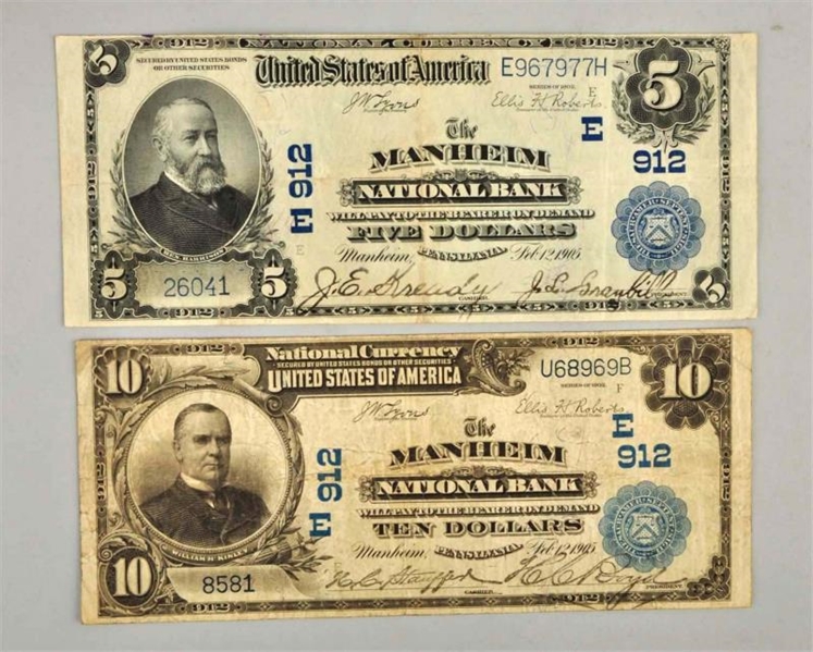 LOT OF 2: 1902 BANK NOTES MANHEIM PA.             