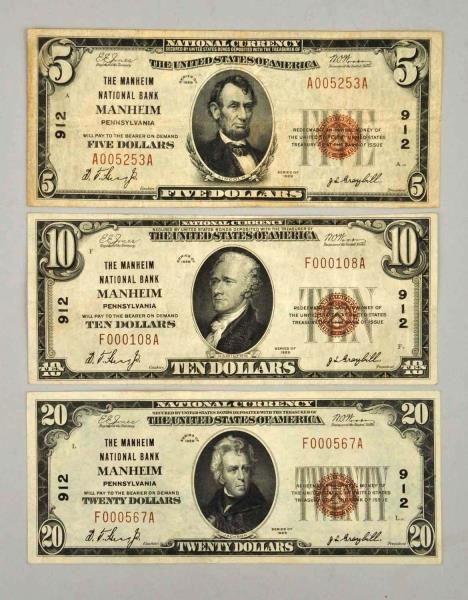 LOT OF 3: 1929 SMALL SIZE NOTES MANHEIM PA.       