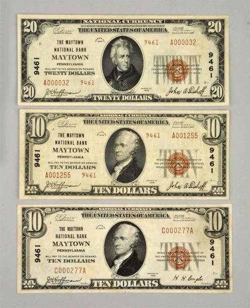 LOT OF 3: 1929 MAYTOWN PA NOTES.                  