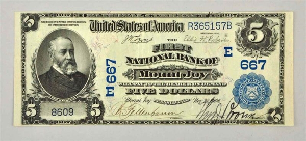 1902 $5 MT. JOY PA NOTE.                          